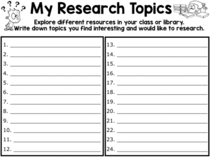 Research Topics Brainstorm Page for upper grades